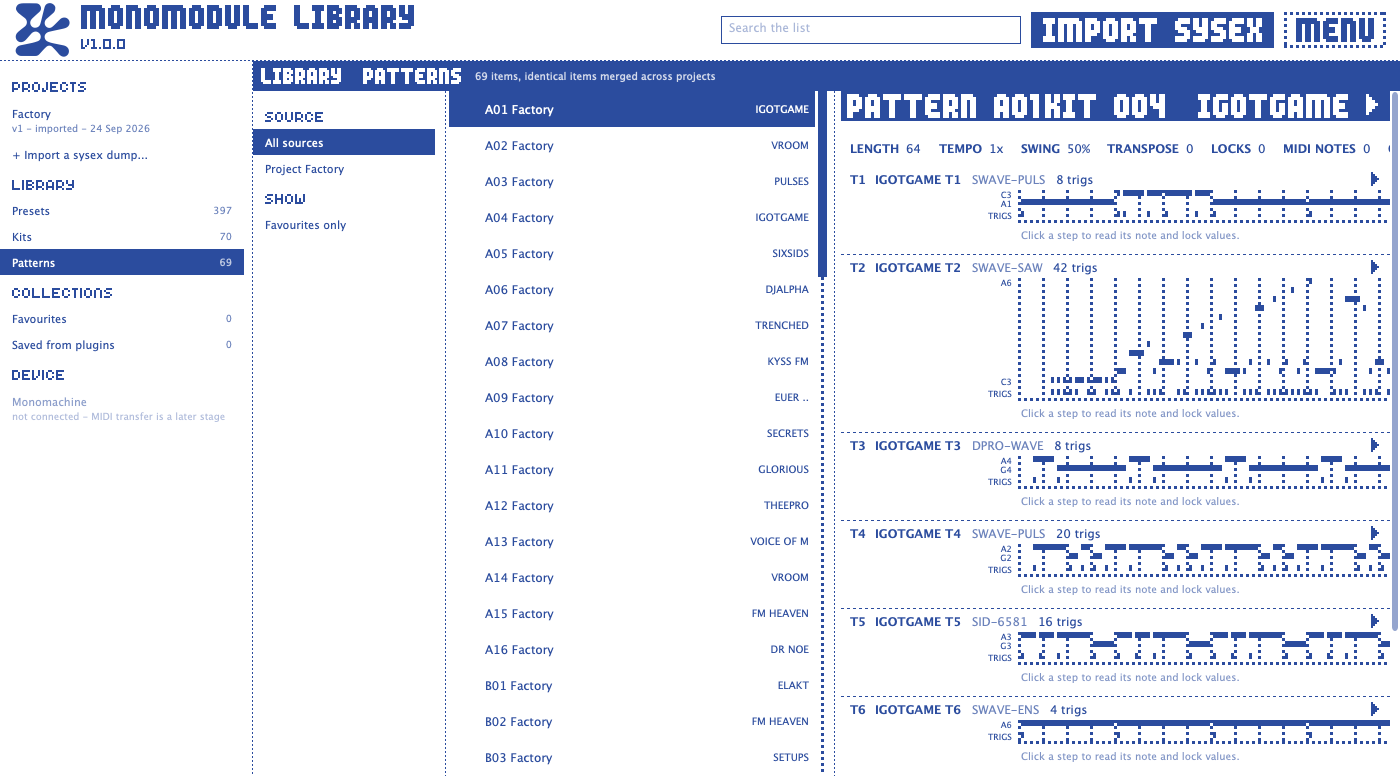 Monomodule Library app, printed in blue: the Patterns browser with a pattern's six tracks drawn as note grids.