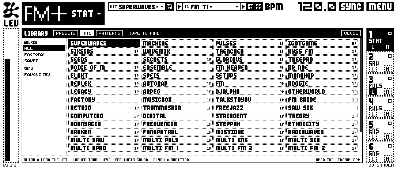 The library panel inside Monomodule Six, listing kits in a four-column grid over the pages.